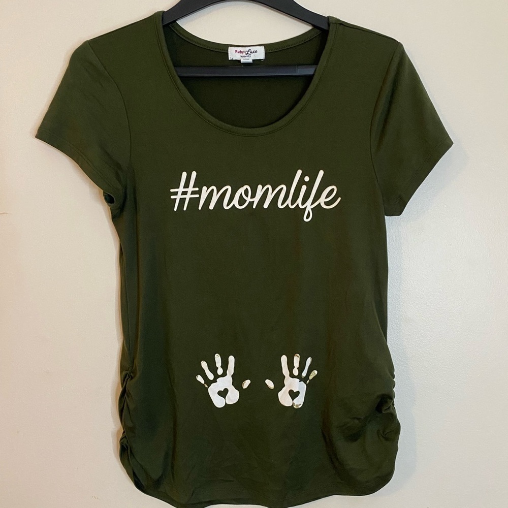 #momlife Olive Green Maternity Tee with Baby Handprint Detail Medium
